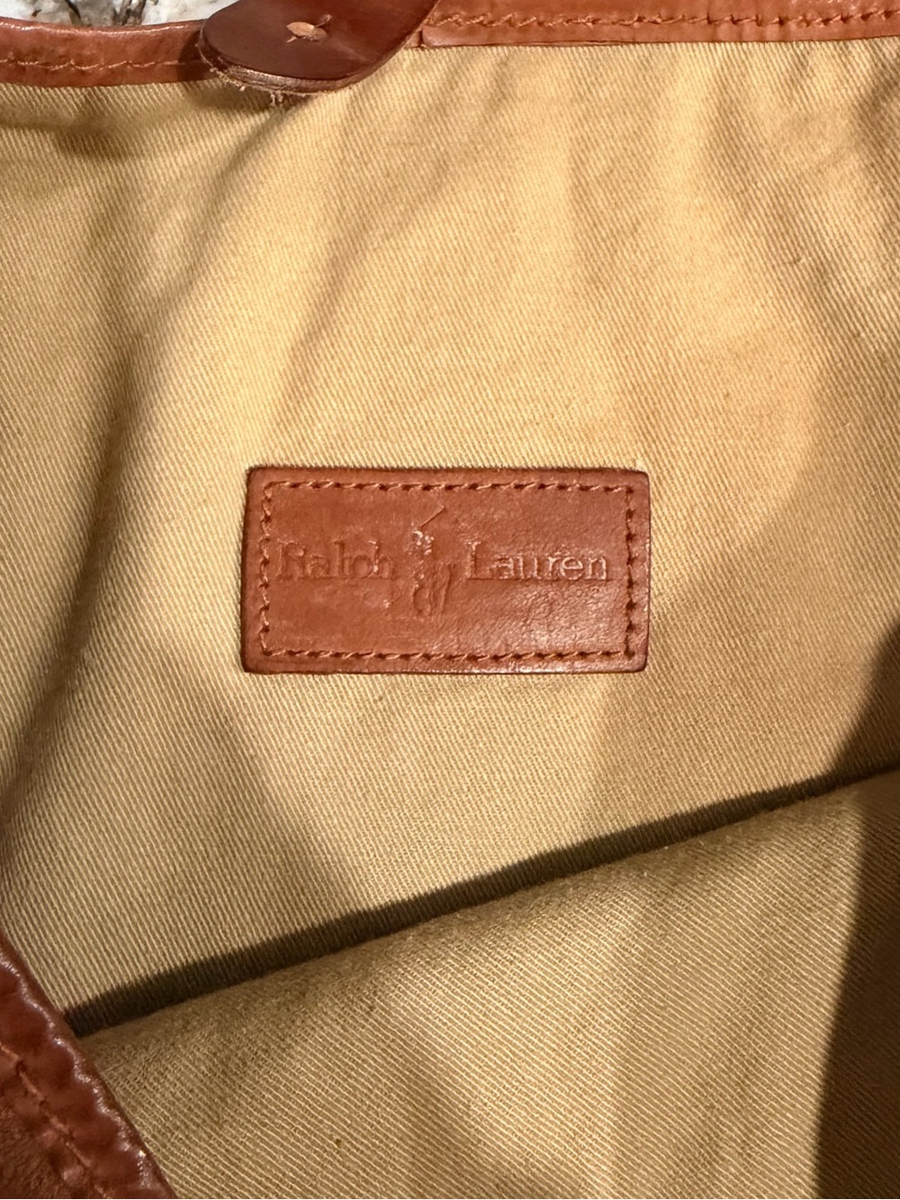 Vintage 90s Ralph Lauren Tan suede slouchy Canvas Tote with Brown Leather Trim - Picture 3 of 7
